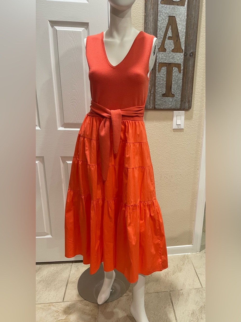 Jason Wu Coral Knit Bodice Poplin Tiered Midi Dress Size Medium